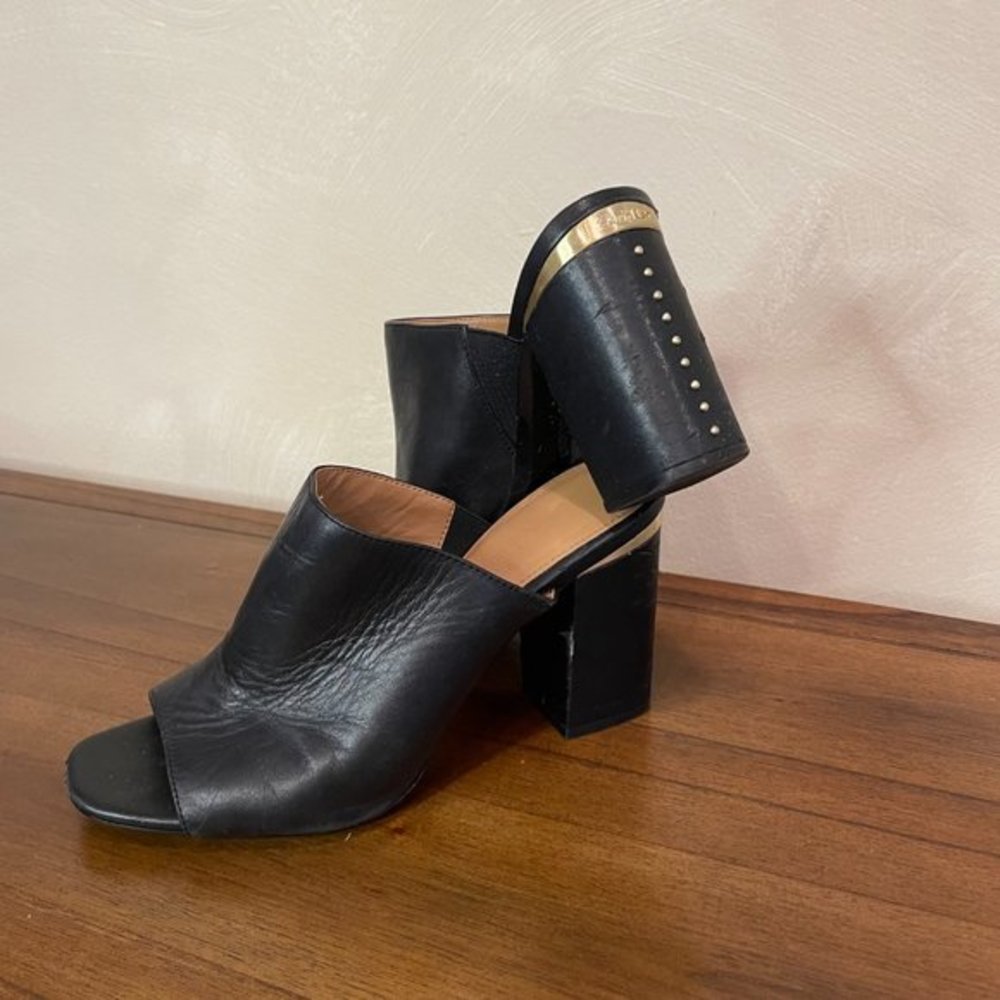 Calvin Klein Black Leather Mule Heeled Sandal with Gold Accents in Size 7